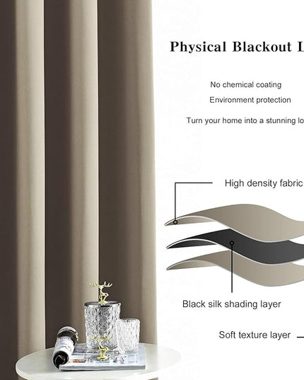 Blackout Curtains for Bedroom Thermal Insulated Light Blocking Room Darkening Curtains Solid Grommet Window Drapes for Living Room, Set of 2 Curtain Panels 52 W x 96 L inch Long Beige