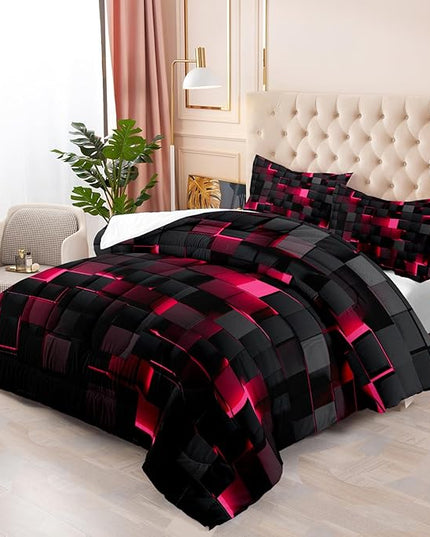 Geometric Pink Black Comforter Set,Light Honeycomb 3 Piece Bedding Set Full Size for Teen Boys,Modern Quilt Set Geometry Decor,Microfiber Lightweight 1 Comforter 2 Pillowcases All Season