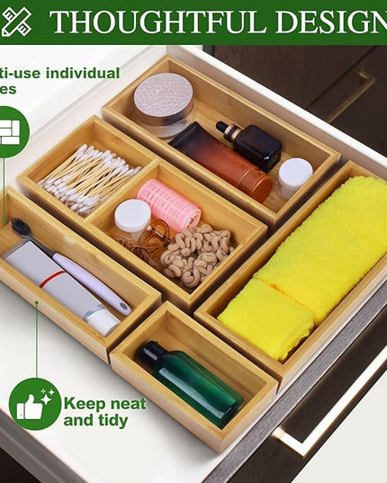 Bamboo Drawer Organizer Set, 5 PCS Multi-Use Individual Wood Storage Organizers, Junk Drawer Divider and Storage Trays Containers for Kitchen, Bathroom, Office Desk, Makeup, Jewelry, Utensils