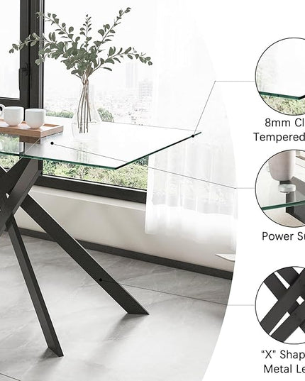 51" Rectangular Glass Dining Table Modern Kitchen Glass Top Table for 4 with Black Metal Legs, Clear Dining Table Kitchen Table for Home Office Dining Room