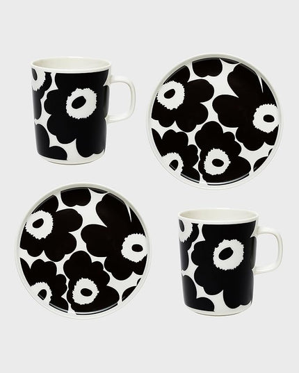 MARIMEKKO Oiva Unikko Kitchen Dish Set (Black) – Floral Stoneware — Plate and Mug set of 2 — 8.8 oz Mugs and 8" Diameter Plates