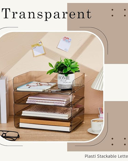 Harloon 4 Tier Acrylic Paper Tray 13 x 9.8 x 3 Inches Stackable Letter Clear Organizer No Need to Assemble Acrylic Paper Organizer File Tray for Office Workspace Desktop Storage (Transparent Gray)