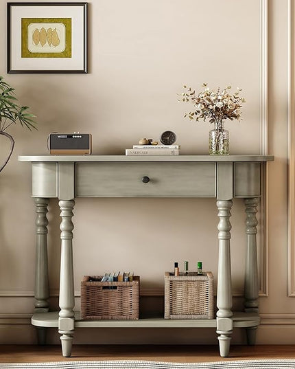 HMFULE Retro Curved Console Table, 36" Solid Wood Half Moon Console Table Sofa Table Entryway Table with 1 Drawer 1 Open Shelf Roman Legs Curved Corners for Living Room,Entryway,Hallway,Gray