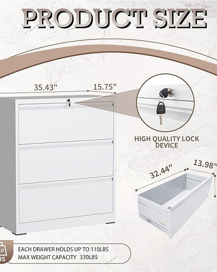 3 Drawer Lateral File Cabinet with Lock, Metal File Cabinet, Lateral File Cabinets for Home Office, Heavy Duty File Storage Cabinet for Legal/Letter/A4 Document, Assembly Required, White