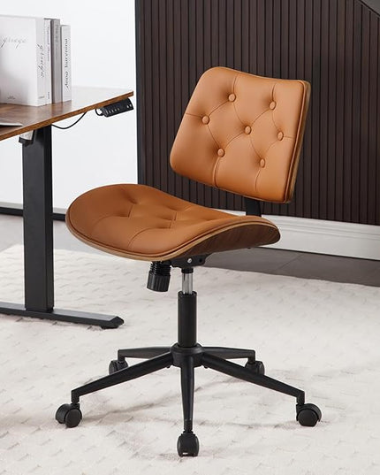 Armless Home Office Chair with Wheels, PU Leather Adjustable Height Computer Desk Chair, 360 Swivel Small No Arms Chair, Modern Button Walnut Style for Office, Reading Meeting Room(Brown)