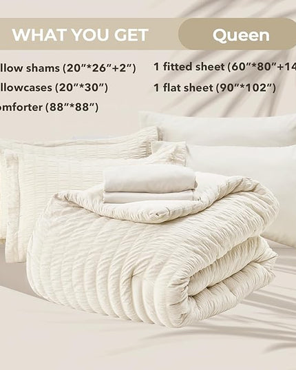 HYMOKEGE Ivory Queen Comforter Set Seersucker 7 Pieces, All Season Luxury Bed in a Bag for Bedroom, Bedding Set with Comforters, Sheets, Pillowcases & Shams