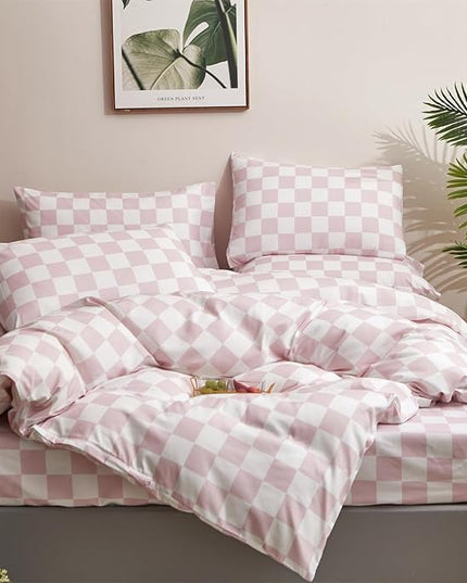 CLOTHKNOW Pink White Plaid Queen Comforter Set 3Pcs Grid Bedding Comforter Sets Soft Checkered Queen Comforter with 2 x Pillow Cases