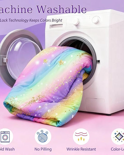 Rainbow Bedding Set Queen Size – 6-Piece Reversible Girls Comforter with Deep-Pocket Sheet, Gradient Galaxy Design, Whole-Piece Filling, Machine Washable Bed-in-a-Bag for Kids Room Makeover & Gifts