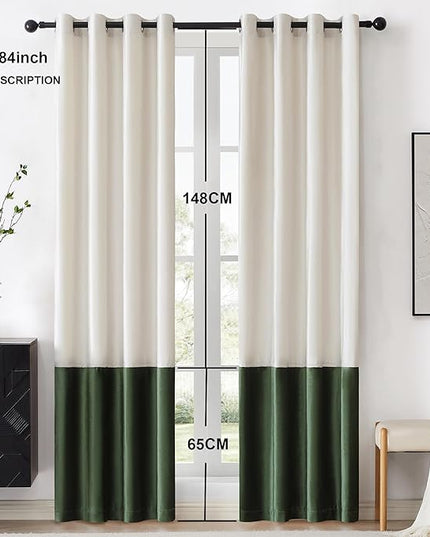BULBUL Color Block Window Curtains Panels 84 inches Long Cream Ivory Green Velvet Farmhouse Drapes for Bedroom Living Room Darkening Treatment with Grommet Set of 2