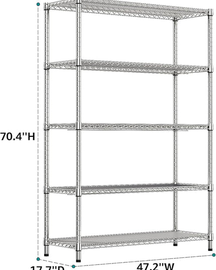 IZEUK 4250 LBS Garage Shelving Wide Storage Shelves 5 Tier Metal Shelves Heavy Duty Adjustable Utility Shelf Rack Chrome 17.7" D x 59.1" W x 70.4" H
