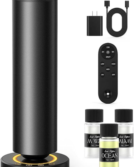 Waterless Diffuser with 90ML Essential Oils, Covers 1000 Sq Ft, Diffusers for Home Hotel, Adjustable Mist & Timer, Scent Diffuser Starter Kit with Night Light, Corded Electric,Black