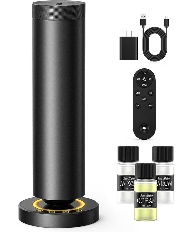 Waterless Diffuser with 90ML Essential Oils, Covers 1000 Sq Ft, Diffusers for Home Hotel, Adjustable Mist & Timer, Scent Diffuser Starter Kit with Night Light, Corded Electric,Black