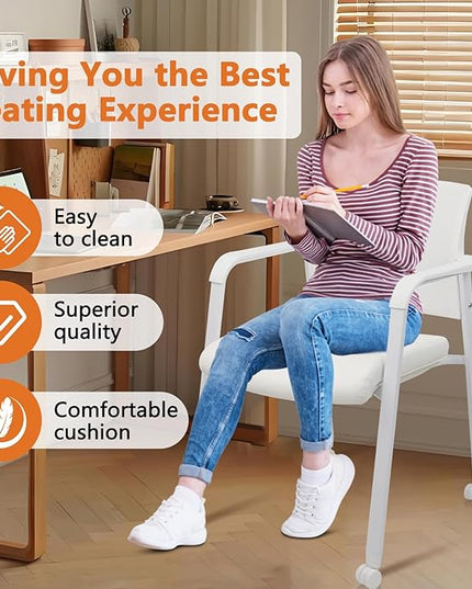 CLATINA Stacking Office Chairs with Wheels | Mesh Back, Thicken Leather Seat and Streamline Armrests, Ergonomic Lumber Support | School, Desk, Guest Reception, Waiting, Conference | Set of 4, White