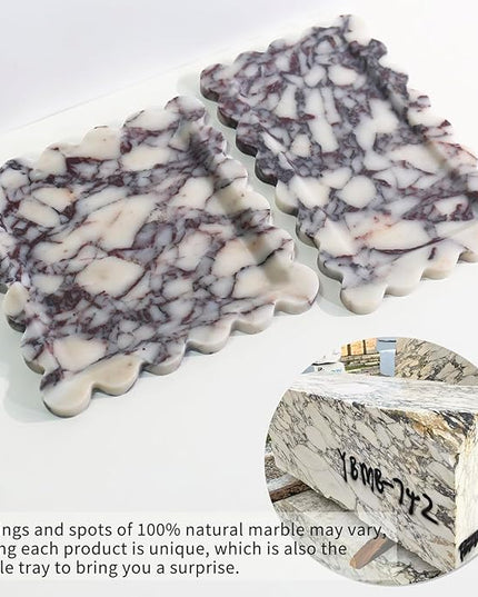 Natural 100% Marble Vanity Tray Luxury Scalloped Marble Storage Square Rectangle Tray for Home Decor Stone Tray for Bathroom Kitchen Candle Key (Rectangle-11.8 * 7.4-Calacatta Viola)