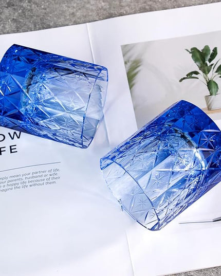 KAMMAK Crystal Whiskey Glass Set of 2, 7.78 oz (230 ml) Handmade Old Fashioned Tumbler, Thick Base Colored Glass with Delicate Rim & Seamless Design for Scotch, Bourbon, Cocktails, Blue 12-Facet