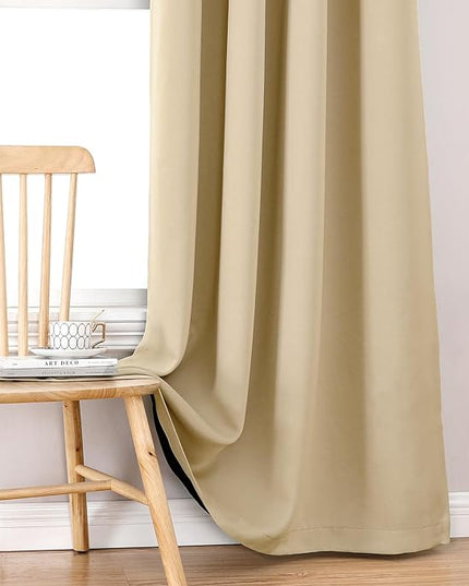 ChrisDowa 100% Blackout Curtains for Bedroom with Black Liner, 2 Thick Layers Total Blackout Thermal Insulated Grommet Small Window Curtains 2 Panels Set (Beige, 42 x 45 Inch)