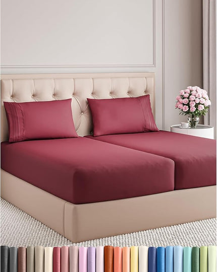 Split King Size 5 Piece Sheet Set - Comfy Breathable & Cooling Bed Sheets Set - Hotel Luxury Bedding for Women, Men, Kids, Teens, Boys & Girls - Deep Pockets, Soft, Wrinkle Free - Oeko-Tex - Burgundy