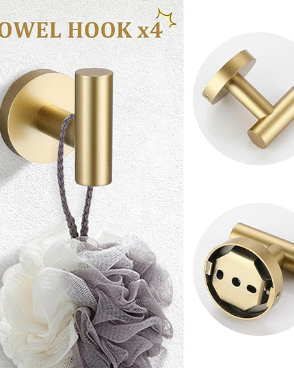 TURS Brushed Gold 10 Pieces Bathroom Hardware Set, SUS304 Stainless Steel 24 Inch Bath Towel Bar Set, Round Bathroom Accessories Kit Wall Mounted