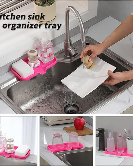 Silicone Bathroom Soap Dishes with Drain Spout-Bathroom and Kitchen Sink Organizer,Sponge Holder,Dish Soap Tray,Perfect for Dispenser,Scrubber,Bottle,Cup on Sink or Counter-Rose 9.6"×5.3"