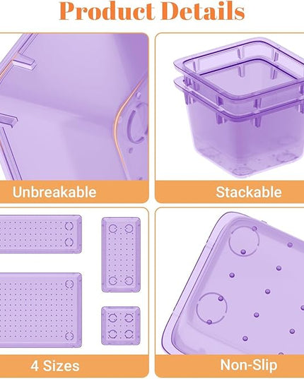 15 PCS Clear Plastic Drawer Organizer Set, 4-Size Acrylic Drawer Storage Trays, Storage Bins for Makeup, Gadgets, and Jewelry in Bathroom, Bedroom and Office, Clear Purple