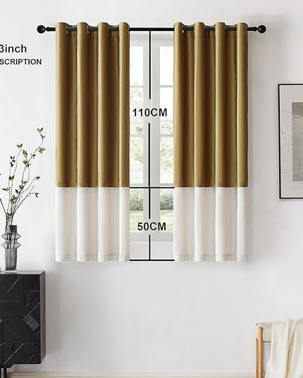 BULBUL Color Block Window Curtains Panels 63 inches Long Gold Ivory Velvet Farmhouse Drapes for Bedroom Living Room Darkening Treatment with Grommet Set of 2