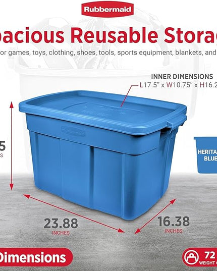 Rubbermaid Roughneck Tote 18 Gal, 10 Pack, Made in USA, Heritage Blue, Rugged Plastic Stackable Storage Bins with Lids and Handles