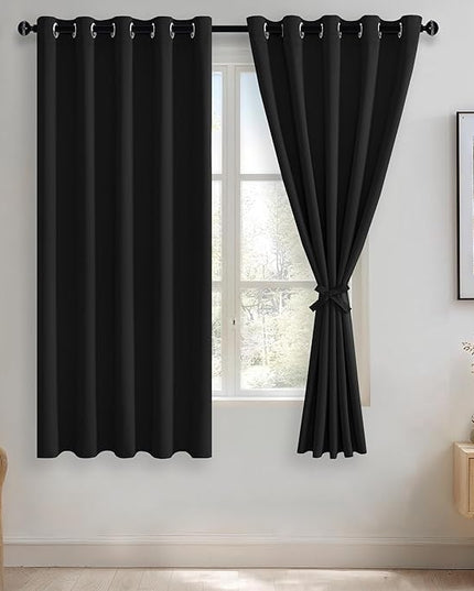 JIUZHEN Black Blackout Curtains with Tiebacks - Thermal Insulated, Light Blocking and Noise Reducing Grommet Curtains for Bedroom and Living Room, Set of 2 Window Curtain Panels, 60 x 63 Inch Length