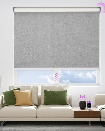 Astomi Motorized Blinds with Remote - Blackout Smart Roller Shades Compatible with Alexa & Goggle Home, Solar Rechargeable, Custom Size 22" - 100" for Indoor Window, Haze Grey