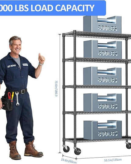 IZEUK Heavy Duty Garage Shelving, 5 Tier Wide Metal Storage Shelf Rack, Adjustable Utility Organizer for Basement, Garage, Black, 23.6" D x 53.1" W x 73.6" H