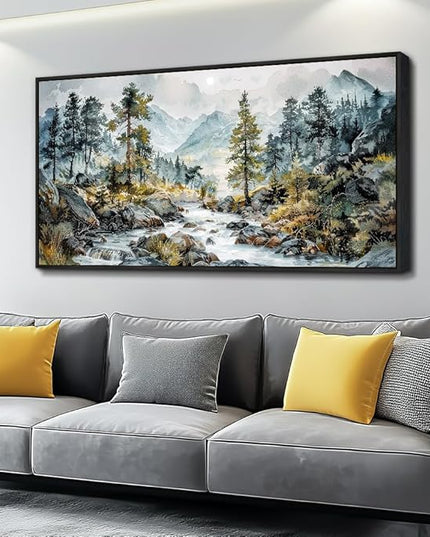 PHAOHUAXM Large Canvas Printing Artworks Wall Art For Bedroom Wall Decor For Living Room Office Home Decor Rivulet View Painting Forest Tree Landscape Watercolour Pictures Black Framed 30x60 In