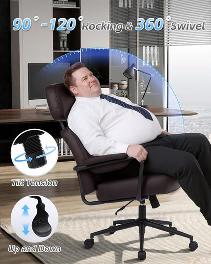 Big and Tall Office Chair 500LBS, Executive Office Chair for Heavy People, Heavy Duty Desk Chair Comfy, Computer Chair High Back PU Leather, Extra Wide Rocking Chair with Wheels for Home Office, Brown