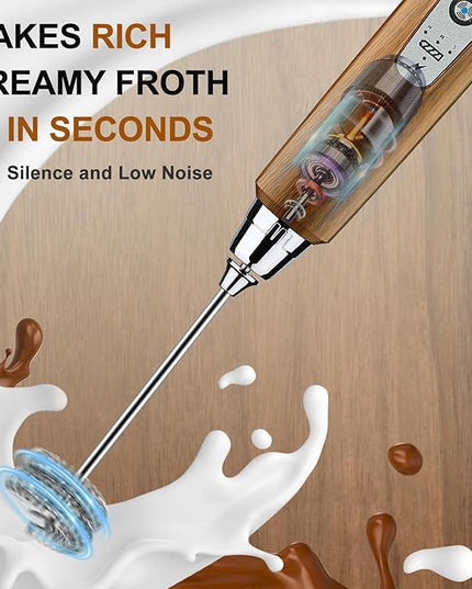 YUSWKO Wood Grain Handheld Milk Frother Wand for Coffee, Rechargeable Electric Whisk with 3 Heads 3 Speeds Drink Mixer Coffee Frother For Latte, Cappuccino, Hot Chocolate, Egg