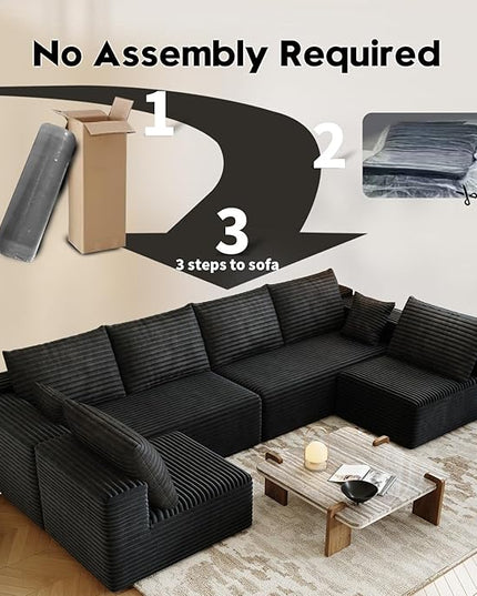 139.4" Modular Sectional Sofa, U-Shaped Minimalist Couches with 2 Middle Seats, Modern Deep Seat Convertible Sleeper Sofa Bed,Cloud Plush Corduroy Fabric, No Assembly Required, 6 Seater, Black