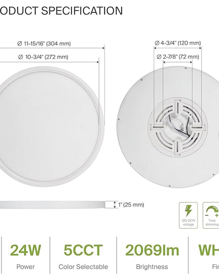 ASD LED 12" Round Flush Mount Ceiling Light Fixture, Low Profile Surface Lighting | 5CCT, Dimmable, Ultra-Thin, ETL Listed | 24W 2000LM 2700-6000K 100-277V | Kitchen, Bedroom, Hallway Lamp | White