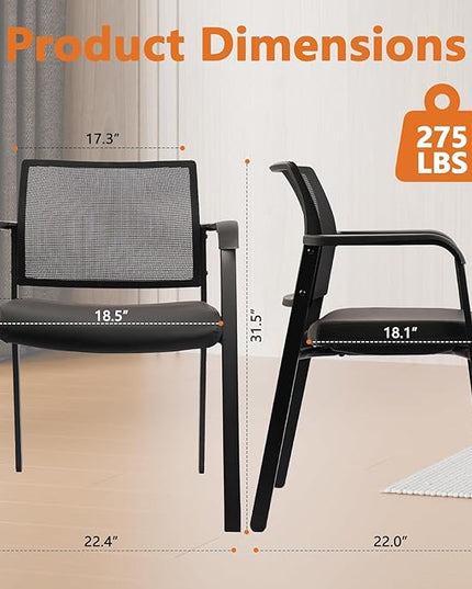 CLATINA Stackable Office Chair, Mesh Back Guest Chairs with Comfortable Leather Seat Arms Stacking Ergonomic Desk Chair No Wheels for Conference Waiting Reception School Stationary, Black, Set of 8