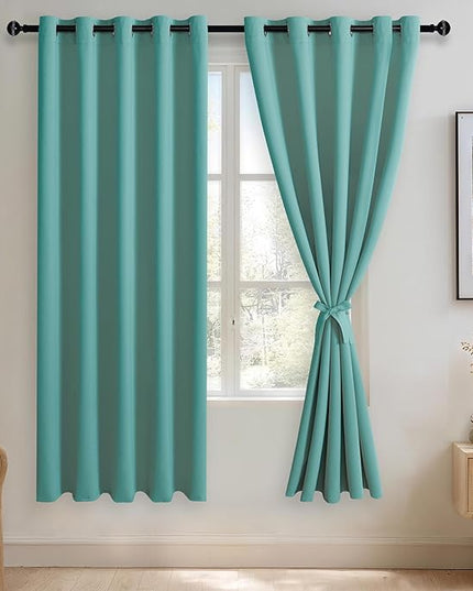 JIUZHEN Turquoise Blackout Curtains with Tiebacks Thermal Insulated, Light Blocking and Noise Reducing Grommet Curtains for Bedroom and Living Room, Set of 2 Window Curtain Panels, 60 x 72 Inch Length