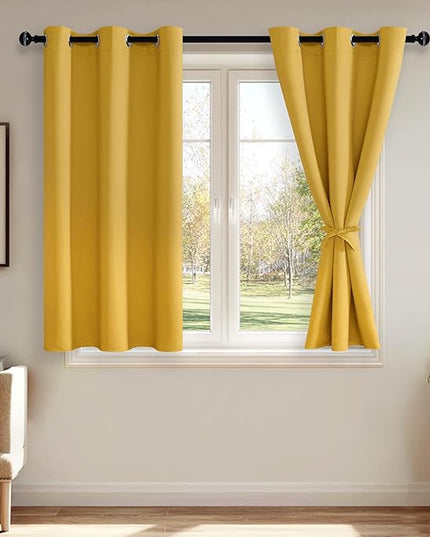 JIUZHEN Blackout Curtains with Tiebacks - Thermal Insulated, Light Blocking and Noise Reducing Grommet Curtain Drapes for Bedroom and Living Room, Set of 2 Panels, Yellow, 42 x 45 Inch Length