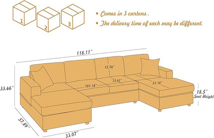 VANOMi 118'' U Shaped Sectional Sofa Couch, Corduroy Fabric Modern Cozy Jumbo Size 4-Seater Living Room Couch, Double Chaise Longue, Dark Grey