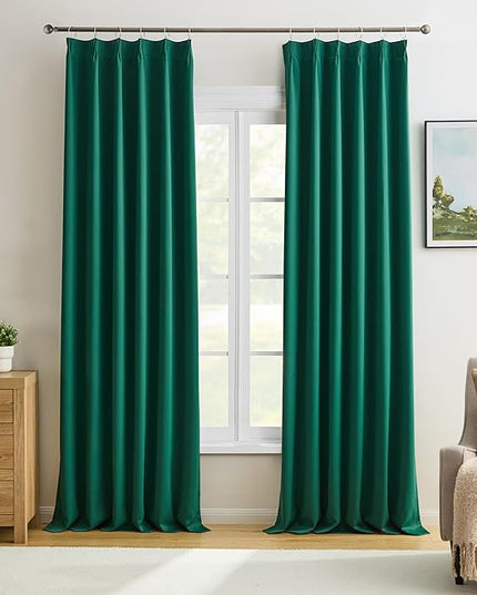 KEQIAOSUOCAI Dark Emerald/Hunter Green Curtains with Pinch Pleat 2 Panels Set,96 Inches Long 8 Ft Floor to Ceiling Length, Thermal Insulated Privacy Drapes/Draperies for Living Room Bedroom