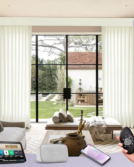 Graywind Hardwired Smart Curtains Compatible with Alexa Google Remote Control Motorized Drape for Sliding Door One-Way or Split Draw, Custom Width to 220" (Mose)