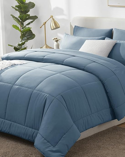 CozyLux Full Size Comforter Sets Mineral Blue, 7 Pieces Bed in a Bag, Blue Comforter Full Size, All Season Bedding Sets with Stitch Quilted Comforter, Flat Sheet, Fitted Sheet, Pillowcases