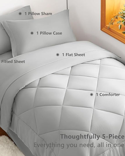 CozyLux Twin Comforter Set with Sheets Light Grey - 5 Pieces Bed in a Bag Twin, All Season Bed Set for Girls and Boys, Bedding Set with Down Alternative Comforter, Sheets, Pillowcase & Sham