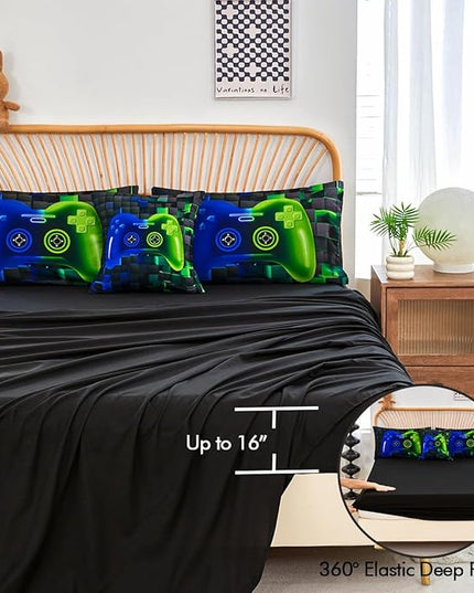 PERFEMET 6-Piece Game Full Size Bed in a Bag for Boys Blue and Green Video Gamer Bedding Set with Sheets Soft Fluffy 3D Printed Game Console Comforter Set for Kids Teen Girls(Blue Green, Full)