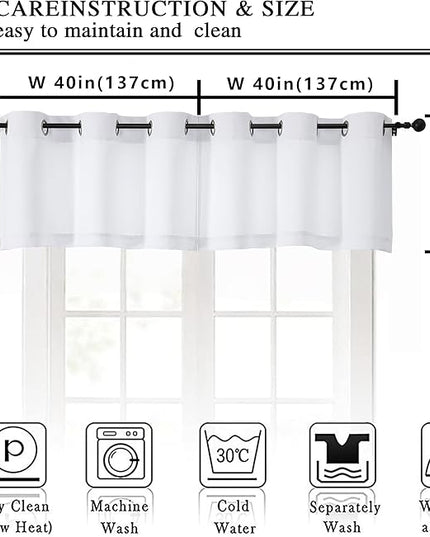Simplebrand Pure White Window Valance for Kitchen 14 Inches Long 2 Panels Set, Light Filtering Valance Curtains for Living Room, Grommet Short Privacy Kitchen Curtains for Bedroom Kids Room, 40Wx14L