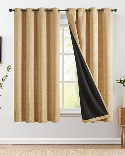 jinchan 95% Blackout Boho Curtains 63 Inch Length for Bedroom Mustard Yellow Geometric Printed Grommet Top Room Darkening Thermal Insulated Window Drapes 2 Panels