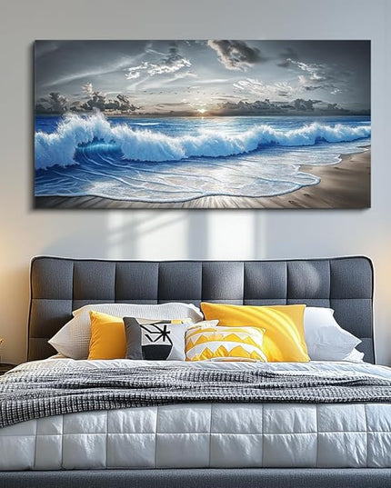 PHAOHUAXM Large Canvas Wall Decor For Living Room Wall Art For Bedroom Office Dining room Decor Modern Black White And Blue Ocean Wave Painting Printed Artworks Wall Pictures Home Decor 24"X48"