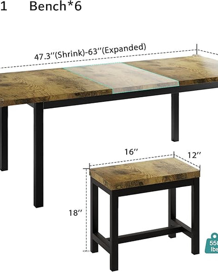 iPormis 7-Piece Dining Table Set with 6 Stools, 63" Extendable Kitchen Table Set for 4-8, Modern Dining Room Table with Sturdy Metal Frame, Space-Saving Dinette, Rustic Brown