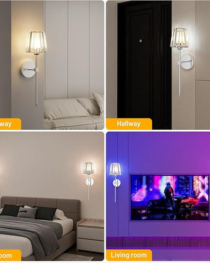 Crystal Battery Operated Wall Sconces Set of 2, Chrome Rechargeable Wireless Wall Lights with Crystal Lampshade, 12 RGB and 3CCT Dimmable Wall Lamps with Remote for Bedroom Living Room Hallway
