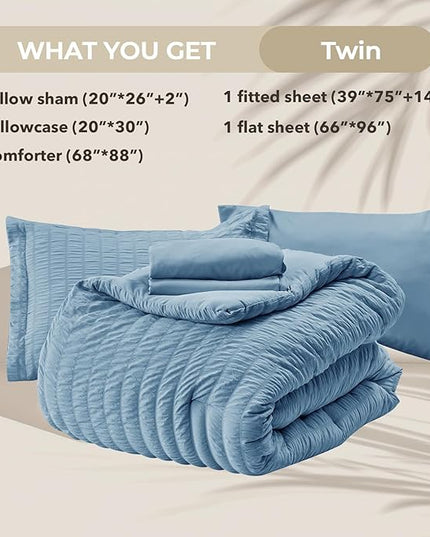 HYMOKEGE Mineral Blue Twin Comforter Set Seersucker 5 Pieces, All Season Luxury Bed in a Bag for Bedroom, Bedding Set with Comforter, Sheets, Pillowcase & Sham