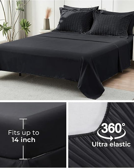 HYMOKEGE Black Twin Comforter Set Seersucker 5 Pieces, All Season Luxury Bed in a Bag for Bedroom, Bedding Set with Comforters, Sheets, Pillowcase & Sham